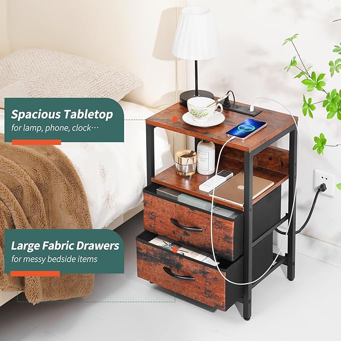 Yoobure Nightstand with Charging Station, Small Night Stand with Fabric Drawers and Storage Shelf for Bedrooms, Nightstands for Small Spaces Bedside Table with USB Ports & Outlets, Bed Side Table - LeafyLoom