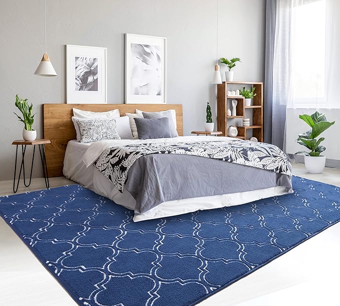 Chicrug Shag Geometric Modern Area Rug for Bedroom, 5x7 Feet Memory Foam Indoor Carpet, Fluffy Rug for Living Room Bedside Room Decor for Family Girls Kids Nursery Play Mat, Navy/White - LeafyLoom