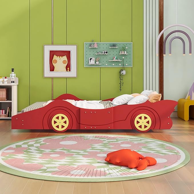 Car Shaped Toddler Bed with Wheels,Racecar Platform Beds W/Safety Guardrail,Slats Support,Stylish Design,Easy Assembly,Wood Full Bedframe for Boys Toddlers Kids Teens Bedroom,Red - LeafyLoom