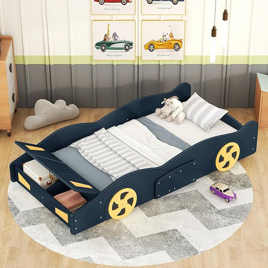 Twin Size Race Car Bed for Kids, Car-Shaped Bed Frame with Wheels and Storage Footboard for Boys, Wood Slats Support,No Box Spring Needed, Dark Blue+Yellow - LeafyLoom