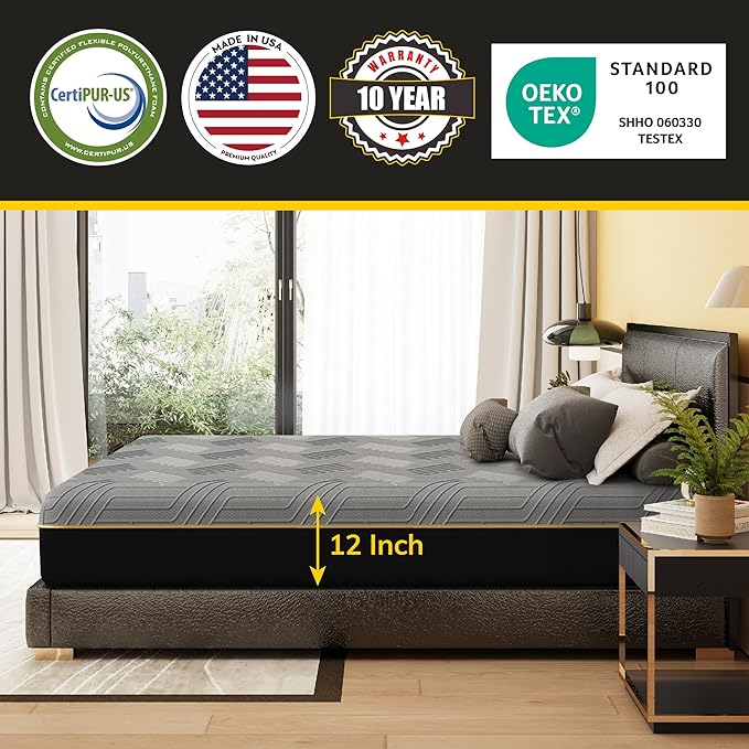 EGOHOME Hybrid Queen Mattress 12 Inch, Mattress with Cooling Cover, Comfort Foam & Pocket Spring Bed in a Box, Targeted Support Pressure Relief, CertiPUR-US Certified, Made in USA, 60x80x12 Black - LeafyLoom