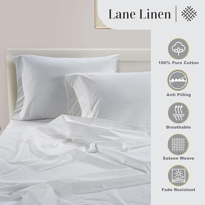 LANE LINEN 100% Egyptian Cotton Bed Sheets - 1000 Thread Count 3PC Twin Sheets Set, Long Staple Cotton Bedding Sheets, Sateen Weave, Luxury Hotel Sheets, Fits Upto 16" Mattress, Swiss Dot - White - LeafyLoom