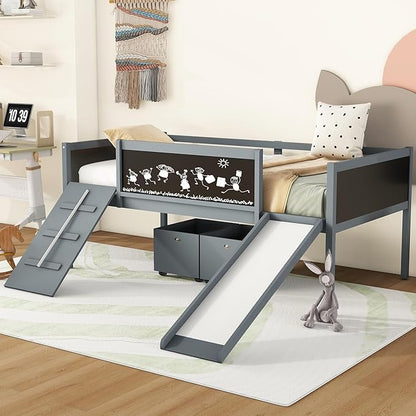 Twin Size Low Loft Bed with Slide and 2 Storage Boxes,Kids Low Loft Bed Frame with Climbing and Chalkboard,Solid Loft Bed Twin for Boys,Girls,Gray - LeafyLoom