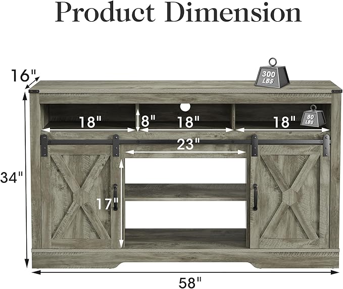 Farmhouse TV Stand for 23" Fireplace, 34'' Tall Entertainment Center for 65+ Inch TV, Rustic TV Console with Sliding Bar Door for Living Room (Light Grey) - LeafyLoom