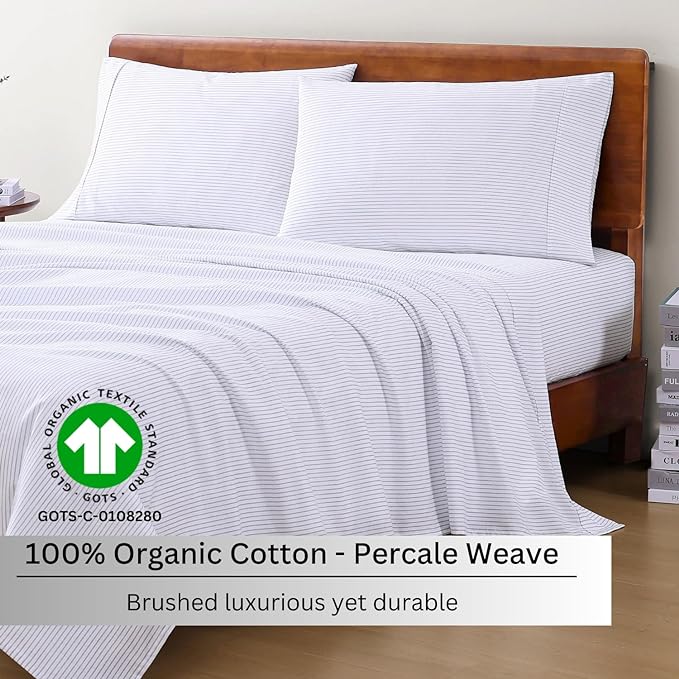 LANE LINEN 100% Organic Cotton Twin XL Sheets Set 3-Piece Pure Percale Bedsheets Bedding Breathable Fits Mattress Upto 15" Deep - Blue Ticking Stripe - LeafyLoom