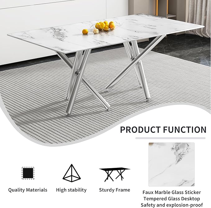 NicBex Large Modern Simple Rectangular Glass Dining Table for 6-8 People with 0.39-Inch White Imitation Marble Desktop and Silver Metal Legs for Banquet Hall, White Marble + Silver - LeafyLoom