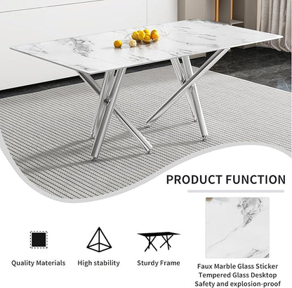 NicBex Large Modern Simple Rectangular Glass Dining Table for 6-8 People with 0.39-Inch White Imitation Marble Desktop and Silver Metal Legs for Banquet Hall, White Marble + Silver - LeafyLoom