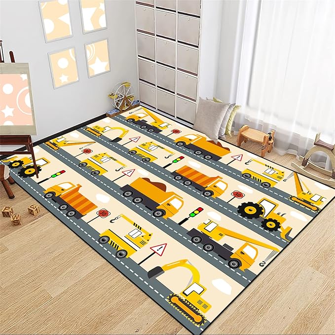 Construction Rug Car Rug Construction Rugs for Boys Room Cartoon Truck Area Rug Construction Play Mat Car Rug for Boys Room Construction Decor for Boys Room 4'5''×6' - LeafyLoom