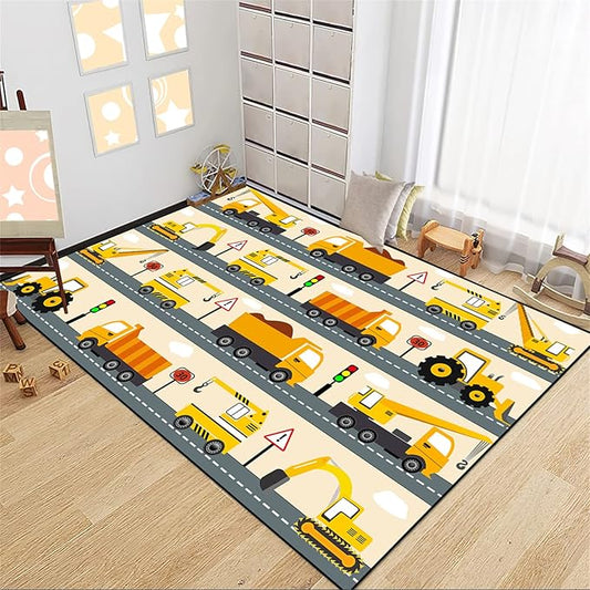 Construction Rug Car Rug Construction Rugs for Boys Room Cartoon Truck Area Rug Construction Play Mat Car Rug for Boys Room Construction Decor for Boys Room 4'5''×6' - LeafyLoom