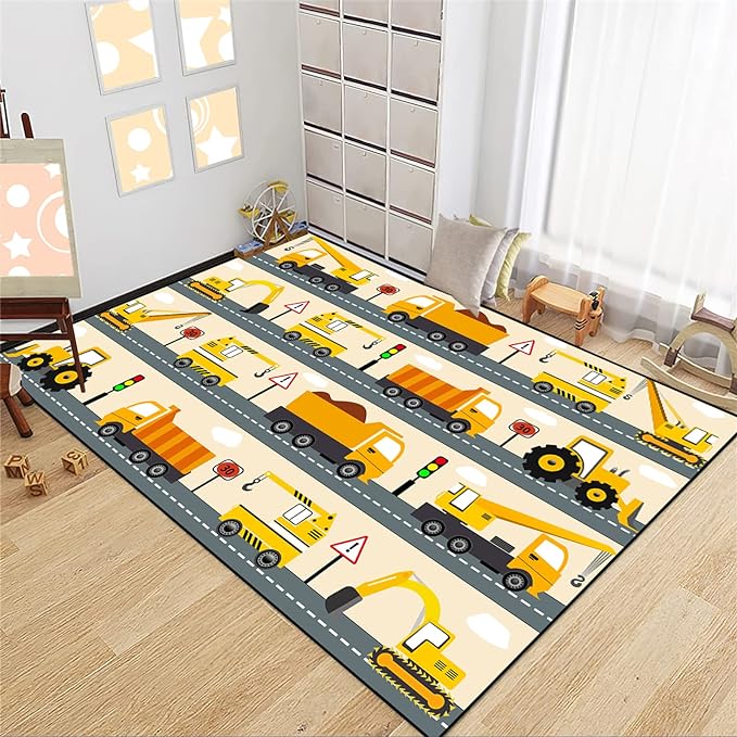 Construction Rug Car Rug Construction Rugs for Boys Room Cartoon Truck Area Rug Construction Play Mat Car Rug for Boys Room Construction Decor for Boys Room 3'×5' - LeafyLoom