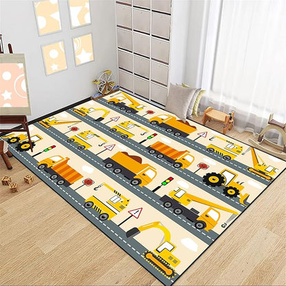 Construction Rug Car Rug Construction Rugs for Boys Room Cartoon Truck Area Rug Construction Play Mat Car Rug for Boys Room Construction Decor for Boys Room 4'×5' - LeafyLoom