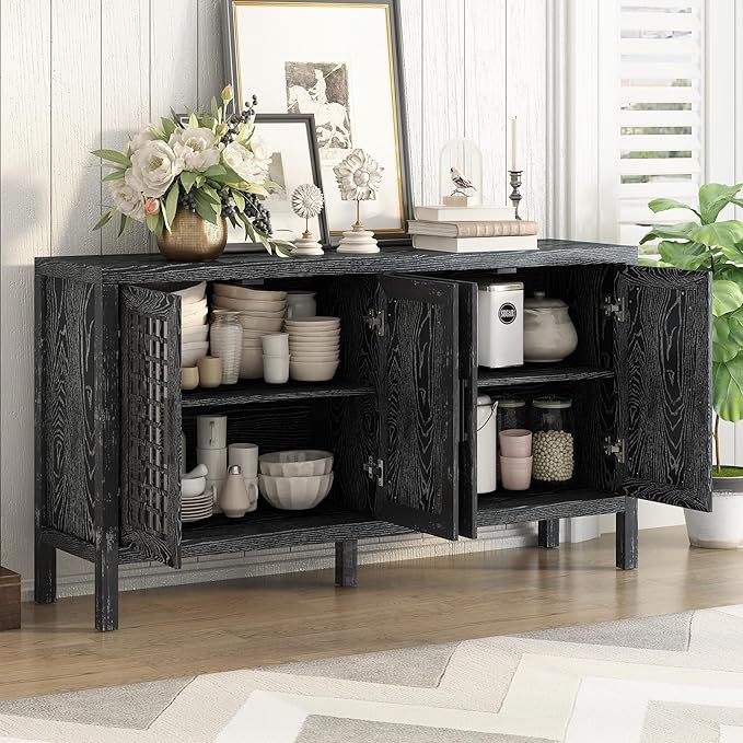 Merax Sideboard Buffet Cabinet, with Storage and 4 Mirror Doors, Retro Farmhouse Style, for Living, Dining Room and Kitchen, Black - LeafyLoom