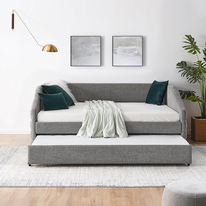 Full Size Daybed with Trundle Linen Upholstered Tufted Sofa Bed,Multi-Functional Day Bed Frame,No Box Spring Needed,for Bedroom, Guest Room,Grey (82.5"x58"x34" - LeafyLoom