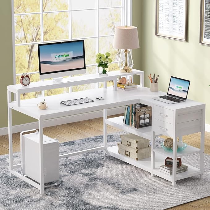 Reversible L-Shaped Computer Desk with hutch & Shelf,white - LeafyLoom