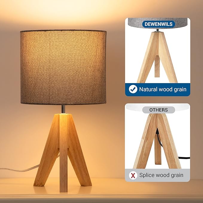 DEWENWILS Mid Century Table Lamp, Wooden Tripod Nightstand Lamp with Linen Fabric Shade, Bedside Lamp for Living Room, Nursery, Bedroom, Side Table, 14.2 Inch, ON/Off Switch - LeafyLoom