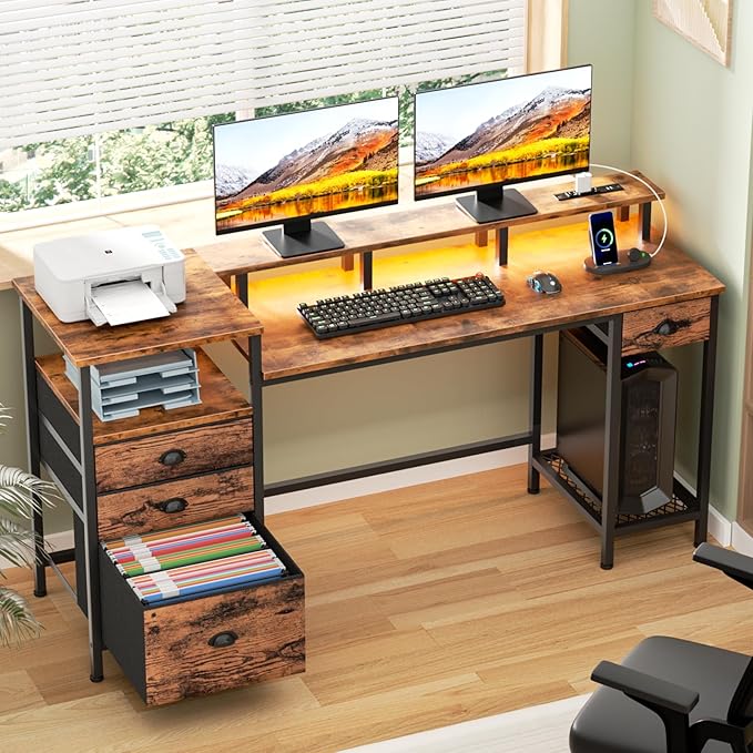 Furologee Computer Desk with Drawers, 60" Office Long Desk with Fabric File Cabinet and Power Outlets, Gaming Desk with LED Lights, Study Writing Work Desk for Home Office, Rustic Brown - LeafyLoom