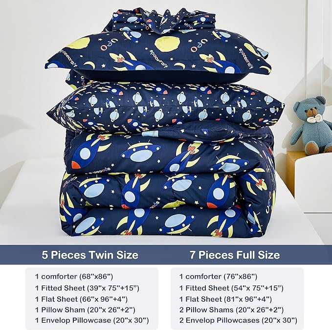 Mooreeke Bed in a Bag for Kids Boys Teens, 5 Pieces Twin Size Comforter Bed Set with Shams, Sheet Set, Space Planet Blue Black Super Soft Microfiber Kids Comforter Bedding Set - LeafyLoom