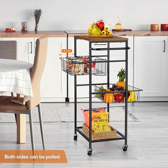 NORCEESAN Rolling Storage Cart 4 Tier Kitchen Cart on Wheels Metal Mobile Utility Cart with Storage Basket Shelf Bathroom Organizer Cart with Handle Pantry Trolley Cart with Tabletop for Home Office - LeafyLoom