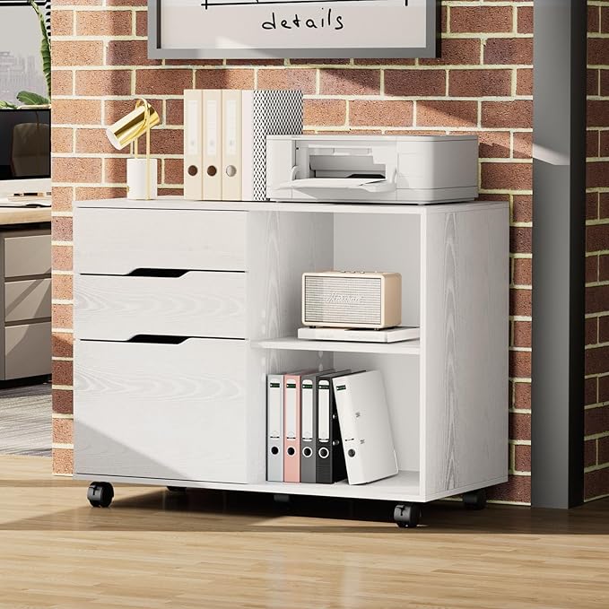 OLIXIS 3 Drawer File Cabinet Lateral Printer Stand with Adjustable Storage Shelves for Home Office Small Space, White - LeafyLoom