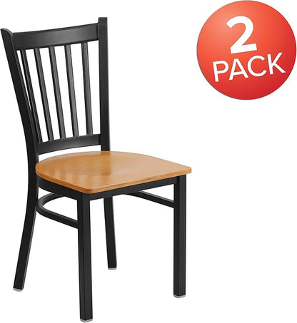 Flash Furniture 2 Pack HERCULES Series Black Vertical Back Metal Restaurant Chair - Natural Wood Seat - LeafyLoom