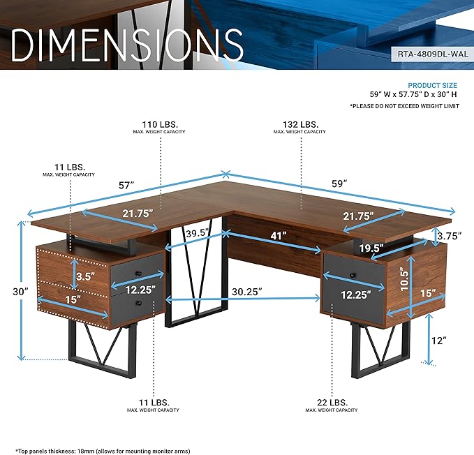 NicBex Laik-DW-00045-DX Desks, 59" W x 57.75" D x 30" H, Walnut - LeafyLoom