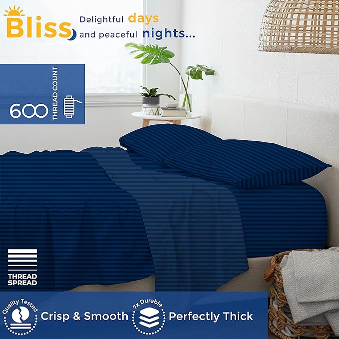 THREAD SPREAD Striped Egyptian Cotton Sheets Twin XL Size - 600 Thread Count 3 PC Damask Twin XL Sheets Deep Pockets, Sateen Weave College Dorm Bedding Twin XL, Fits Mattress upto 18" - Navy Blue - LeafyLoom