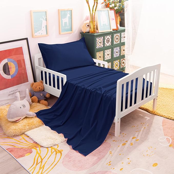 NTBAY Toddler Bedding Set - 4 Piece Soft and Breathable Crib Bedding Set for Boys and Girls, Includes Quilted Comforter, Fitted Sheet, Flat Top Sheet and Envelope Pillowcase, Navy Blue - LeafyLoom