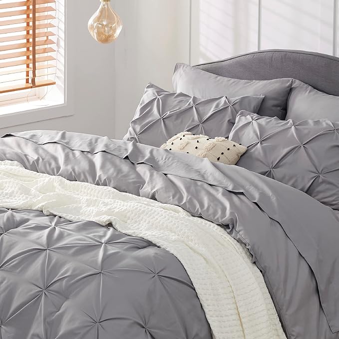 Bedsure Queen Comforter Set - Bed in a Bag Queen 7 Pieces, Pintuck Bedding Sets Grey Bed Set with Comforter, Sheets, Pillowcases & Shams - LeafyLoom