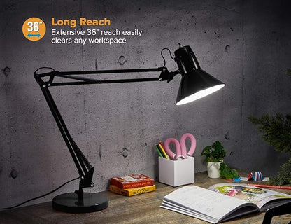 Bostitch Office VLF100D Swing Arm Desk Lamp, Metal, 36" Reach with Multi-Joint Adjustment, Includes Replaceable LED Bulb (VLF), Black - LeafyLoom