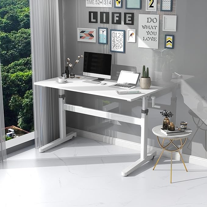 Manual Standing Desk Adjustable Height- Crank Mobile Standing Desk 48 x 24 Inches Sit Stand Desk Frame & Top, Stand Up Desk on Wheels, Computer Desk White Frame & White - LeafyLoom