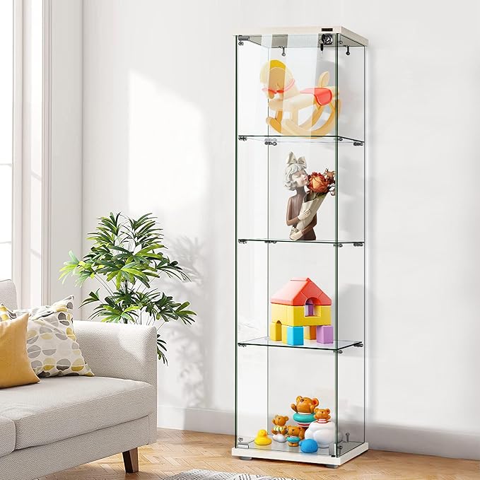 VIVOHOME 4 Layers 15.7''W x 15.7''D x 62.6''H Glass Display Cabinet Countertop Showcase with Lock, 5mm Tempered Glass 25mm MDF Base - LeafyLoom