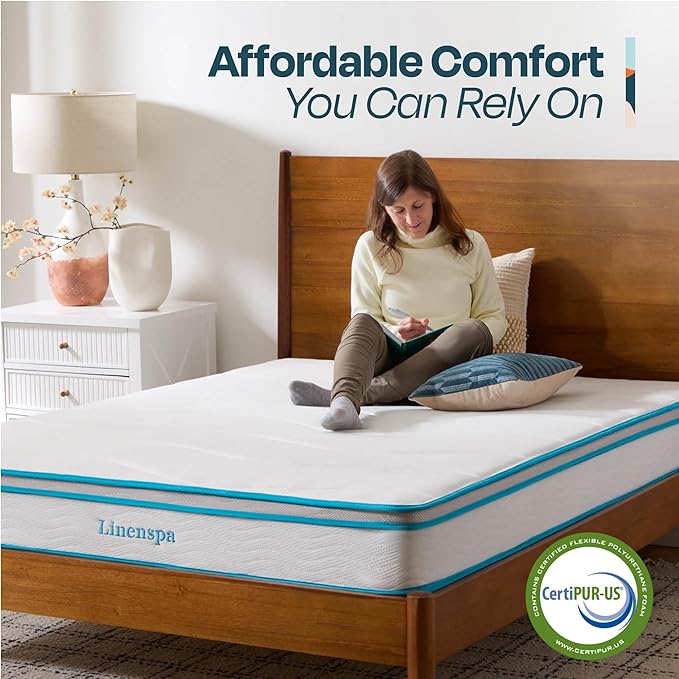 Linenspa 8 Inch Memory Foam and Spring Hybrid Mattress - Medium Firm Feel - Bed in a Box - Quality Comfort and Adaptive Support - Breathable - Cooling - Guest and Kids Bedroom - Full Size - LeafyLoom