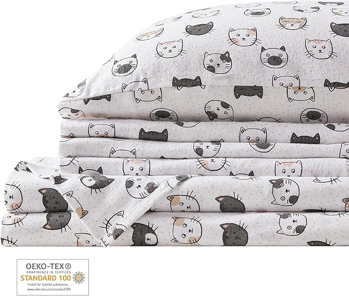 Comfort Spaces Cotton Flannel Breathable Warm, Deep Pocket Sheets with Pillow Case Bedding, Full, Grey/Pink Cats 4 Piece - LeafyLoom