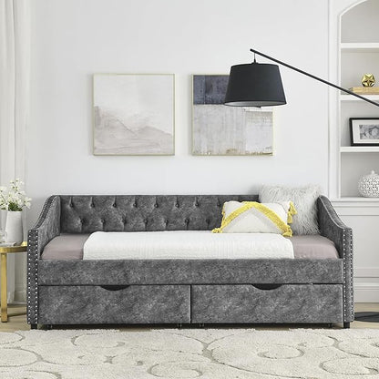 Twin Size Upholstered Daybed with Two Storage Trundle Drawers, Wooden Sofa Bed w/Button Tufted Backrest and Waved Shape Arms, No Box Spring Needed, for Living Room, Bedroom, Dorm, Grey - LeafyLoom