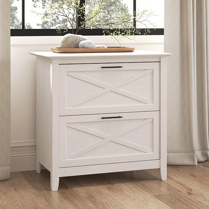 Bush Furniture Key West 2 Lateral File Cabinet | Document Storage & Key West Bookcase Shelf in Linen White Oak | Farmhouse Bookshelf Display Cabinet - LeafyLoom