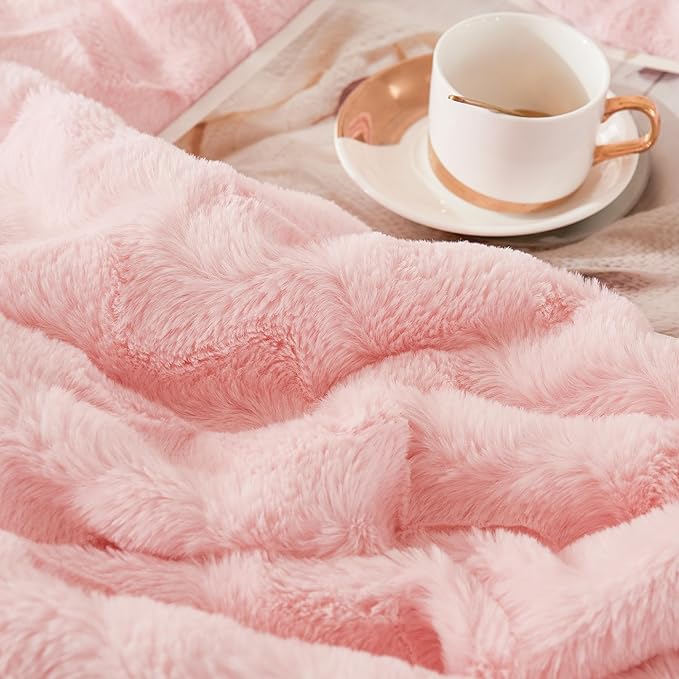 Andency Pink Fleece Comforter Set Queen Size, 3 Pieces Plush Shaggy Faux Fur Bed Comforter Set for Queen Bed, Fuzzy Fluffy Warm Bedding Set for Women Girls - LeafyLoom