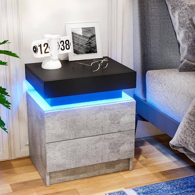 HOMMPA LED Nightstand Grey Matte Bedside Table with Led Lights Modern Night Stand with 2 Drawers Led Night Table Smart Nightstand for Bedroom 20.5” Tall - LeafyLoom