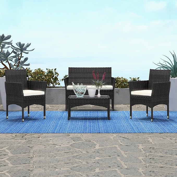 Patio Furniture, 4 Piece Conversation Set, Outdoor Wicker Rattan Table and Chairs, Sectional Sofa with Thick Cushion for Garden, Yard, or Porch, Dark Black - LeafyLoom