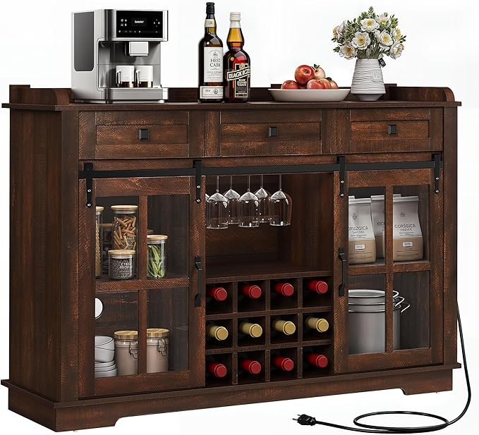 DWVO Farmhouse Coffee Bar Cabinet with Sliding Door and Drawers, 53" Kitchen Sideboard Buffet Cabinet, Home Bar Cabinet with Wine Rack for Kitchen Living Room, 3 Drawers Storage Cabinet, Brown Oak - LeafyLoom