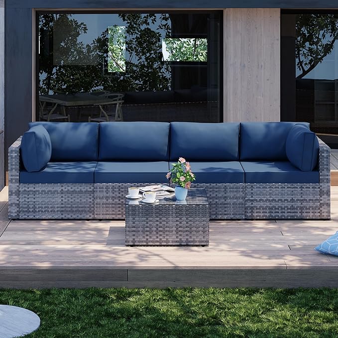 Shintenchi 5 Pieces Outdoor Patio Sectional Sofa Couch, Silver Gray PE Wicker Furniture Conversation Sets with Washable Cushions & Glass Coffee Table for Garden, Poolside, Backyard (Aegean Blue) - LeafyLoom