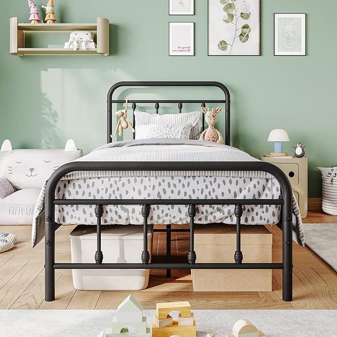 Vintage Twin Size Bed Frame with Headboard and Footboard Mattress Heavy Duty Metal Platform, Steel Slat Support (Twin, Black Sanded) - LeafyLoom