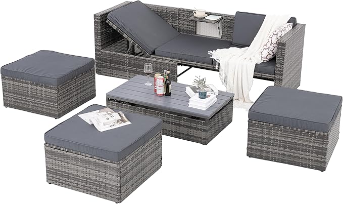 Modular Rattan Outdoor Sectional Furniture, Wicker Conversation Patio Sets with Plywood Coffee Table and Lounger Sofa for Backyard, Dc-Dark Gray - LeafyLoom