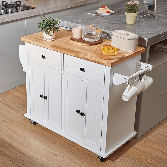 VEVOR Kitchen Island Cart with Solid Wood Top, 35.4" Width Mobile Carts with Storage Cabinet, Rolling Kitchen Table with Spice Rack, Towel Rack, and Drawer, Portable Islands on Wheels, White - LeafyLoom