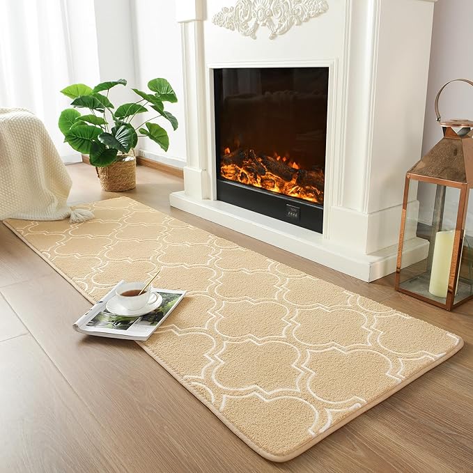 Chicrug Shag Geometric 2x6 Runner Rug for Bedroom, Modern Memory Foam Indoor Hallway Runner Carpet, Fluffy Rug for Living Room Bedside Room Decor for Family, Beige/White - LeafyLoom