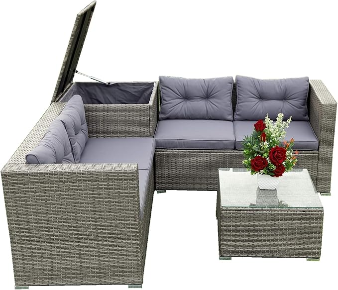 4 Piece Outdoor Furniture Set Wicker Rattan Patio Sectional Sofa with Storage Box and Table for Garden, Backyark, Porch Deck, Balcony, Grey - LeafyLoom