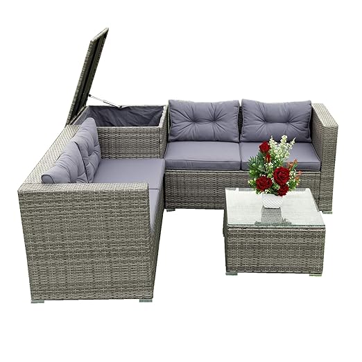 Patio Furniture Set, 4 Pieces PE Wicker Rattan Outdoor Conversation Sectional Sofa with Tempered Glass Table and Storage Box, for Backyard Lawn Garden Lown Porch, E-Grey - LeafyLoom