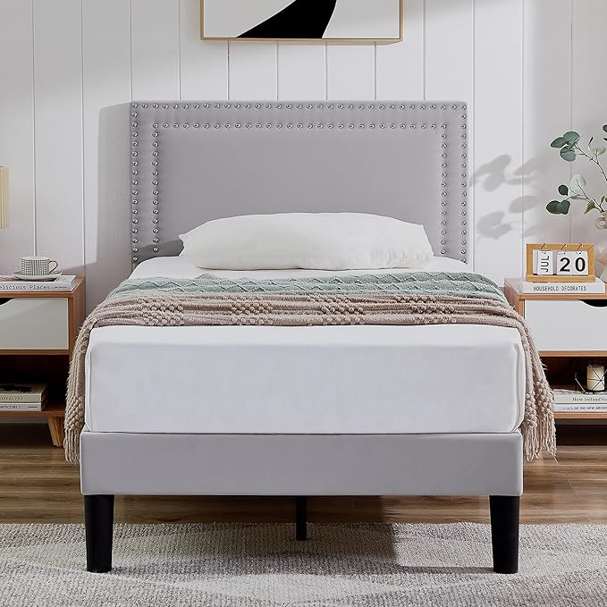 VECELO Twin Size Platform Bed Frame with Adjustable Upholstered Headboard, Modern Mattress Foundation, Strong Wood Slat Support, No Box Spring Needed, Easy Assembly - LeafyLoom