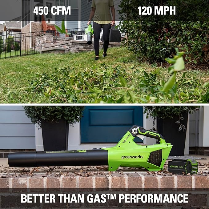 Greenworks 40V (120 MPH / 450 CFM) Axial Blower, 4.0Ah USB Battery (USB Hub) and Charger Included - LeafyLoom