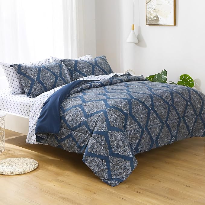 Printed King Bedding Sets with Comforter and Sheets, 7 Piece Bed in A Bag Comforter Set with Fluffy Microfiber, Vintage Navy Blue Plaid Paisley Pattern - LeafyLoom