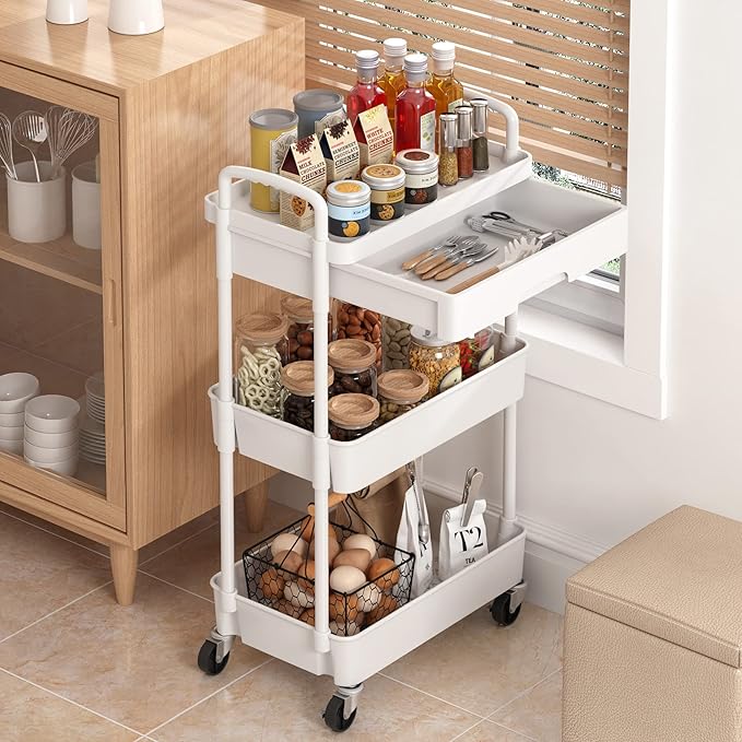 3-Tier Rolling Cart，Trolley with Drawer, Multifunctional Storage Organizer with Plastic Shelf & Metal Wheels, Kitchen Storage Cart for Living Room, Kitchen, Office, Bathroom, White - LeafyLoom